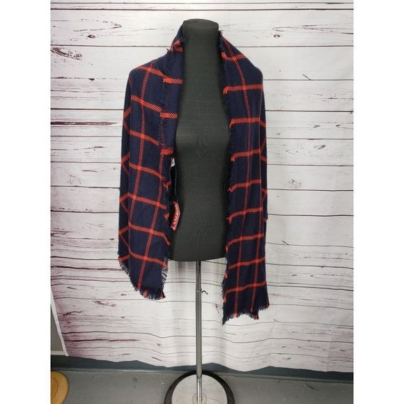 Merona Red Navy Blue Checkered Plaid Winter Blanket Scarf - Picture 10 of 10